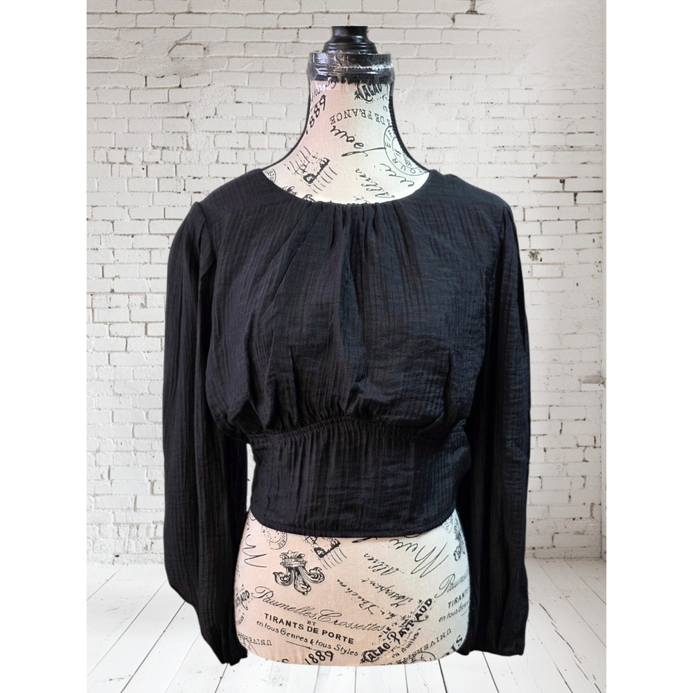 Current Air Sequin Tassel Balloon Sleeve Crop Top - Midnight‎ Boho Glam - M